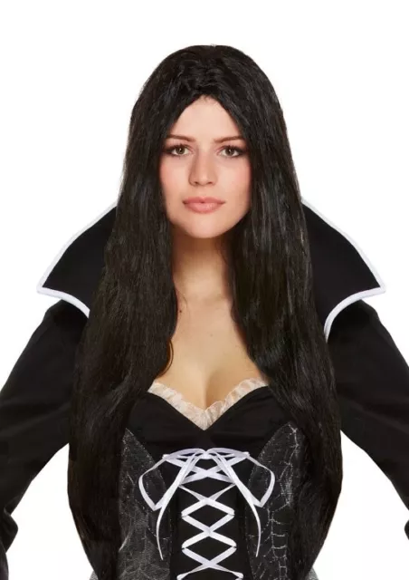 Ladies Long Black Wig Straight Middle Parting Halloween Fancy Dress Morticia