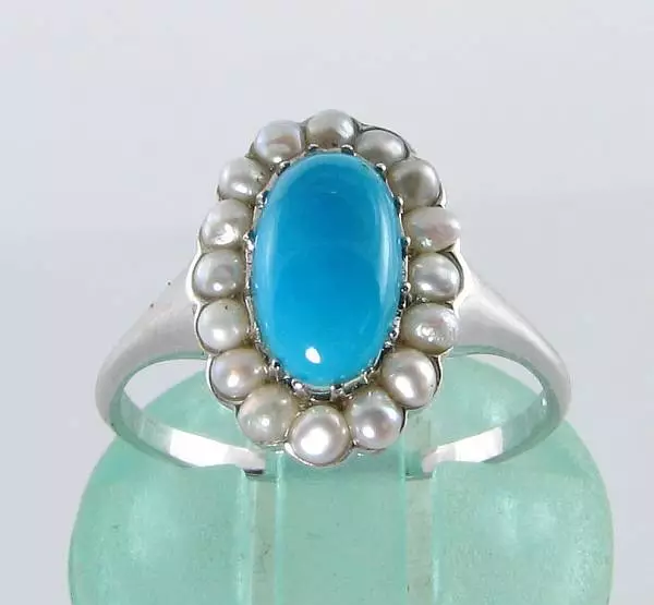 9K  White Gold Persian Turquoise & Pearl  Art Deco Ins Cluster Ring