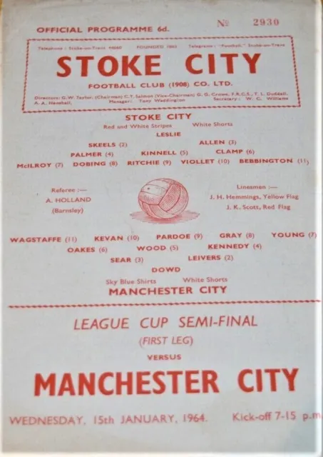 Stoke City v Manchester City 1963-64 - League Cup Semi Final - 15th January 1964