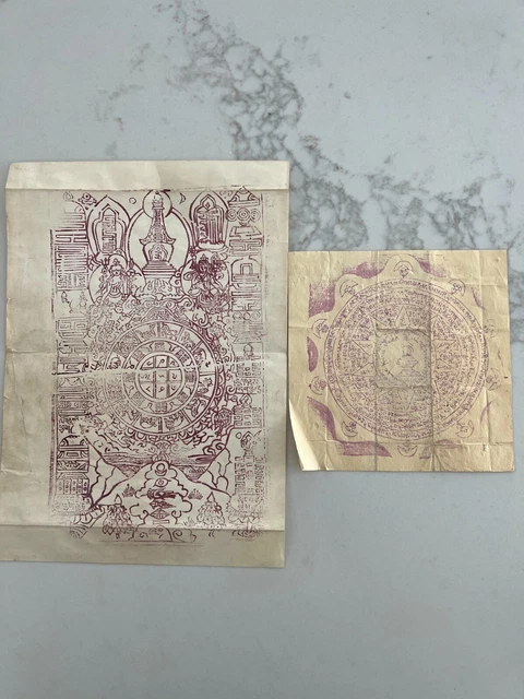 VINTAGE MONGOLIAN TIBETAN BUDDHIST WOODBLOCK AMULET  PRINTS 2 pc