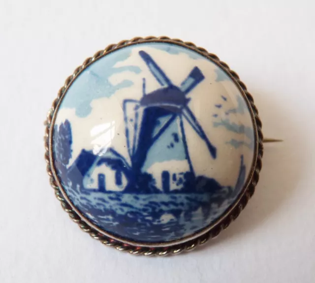 Broche ancienne ARGENT + porcelaine silver brooch bijou DELFT moulin Netherland