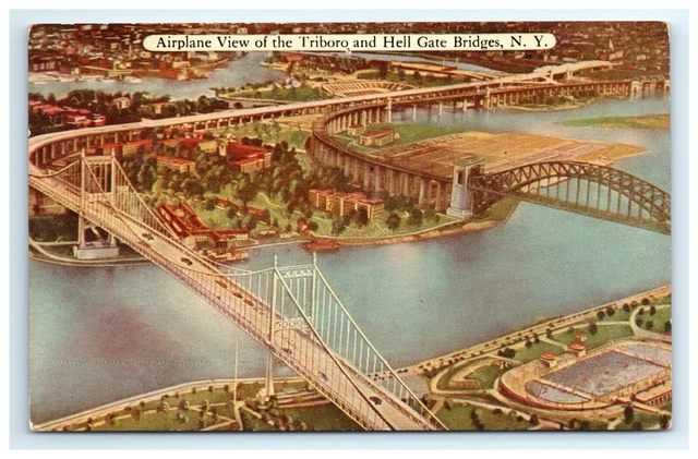 Postcard Airplane View Triboro Hell Gate Bridges New York Aerial Stadiums Unpost