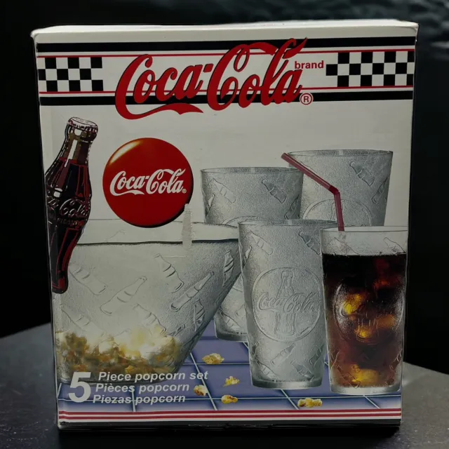 Vintage Coca Cola 5 Piece Snack Set Popcorn Bowl and 4 20OZ Glasses