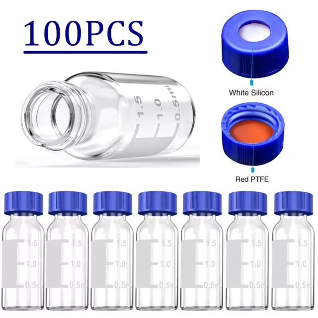 100PCS 2ml 9-425 HPLC Autosampler Vials Glass Bottles and 9mm Screw Caps & Septa