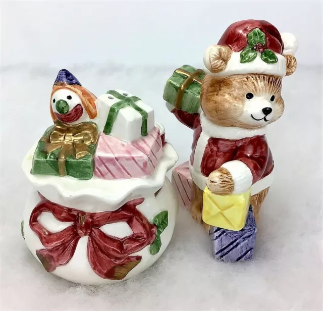 Fitz & Floyd ~ Teddy Bear & Sack of Gifts 🎁 Salt & Pepper Shakers ~ 1994 ~ EUC!