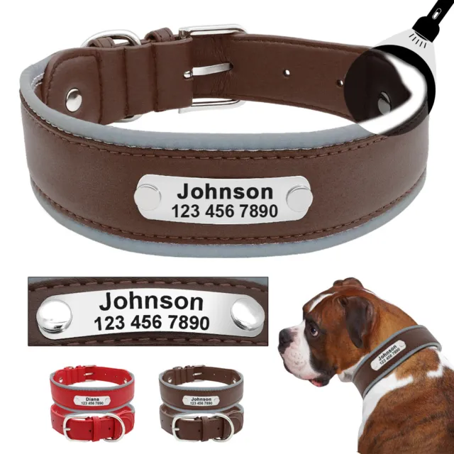 Riflettente Collare per cani in pelle personalizzato Nome Tag Collare PITBULL XL