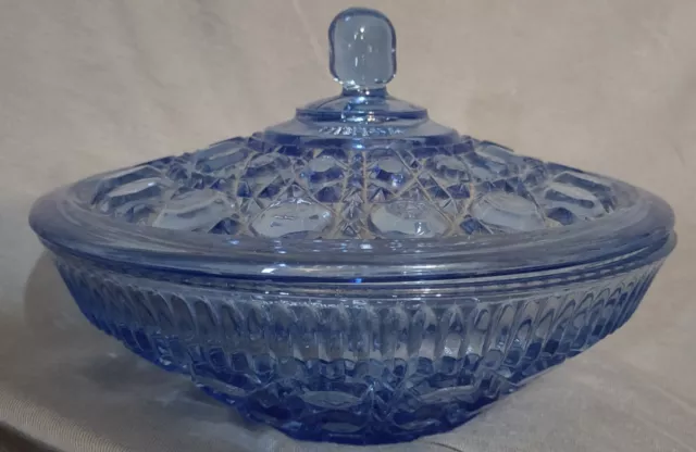 Indiana Glass Windsor Button & Cane Periwinkle Ice Blue Covered Dish vintage