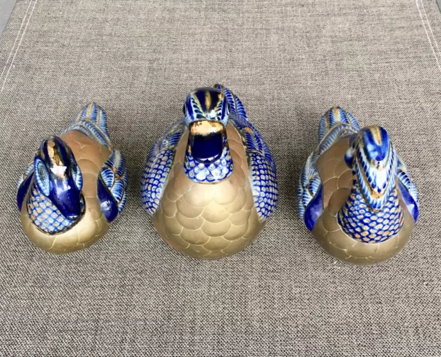 Vintage 3 Ducks Figure Handmade  PRODIMEX BRASS & ENAMELED PORCELAIN MEXICAN