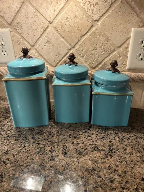 Southern Living At Home 3pc Tuscan Blue Canister Set Glazed SLAH