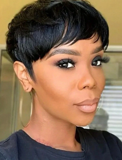 Perruque Synthétique Courte Noire Pixie Avec Frange – Bonnet Moyen, Monofilament, Neuf Sans étiquette