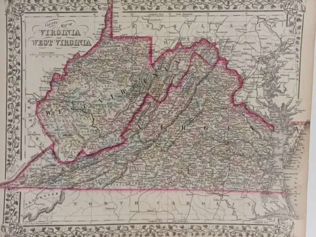 1873 Mitchell's Atlas Map Virginia and West Virginia Authentic Hand-colored