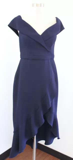 NWT Xscape Navy Blue Off the Shoulder Hi Lo Ruffle Flounce Midi Dress Evening 8