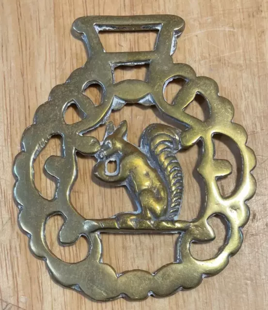 Vintage Brass  3 5/8" x 3" Squirrel Horse Saddle Bridle Medallion Country