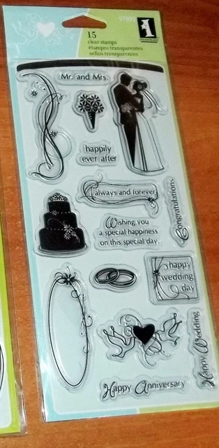 CLEAR ACRYLIC INKADINKADO STAMPS WEDDING ~ RINGS,BRIDE,CAKE,DOVES wks CTMH blk