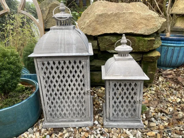 Grey Industrial Antique Metal Lantern Pillar Candle Holder Garden