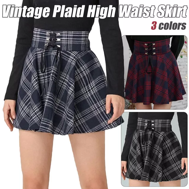 Punk Womens Gothic Lace Up Plaid Pleated A-line Short Skirt Ball Gown Mini Dress