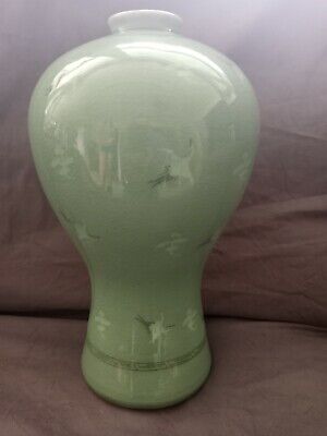 Vintage Glazed Celadon Green Crane Bird Vase Korea Crackle Signed Korean