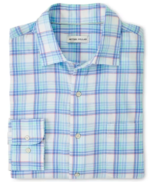 Peter Millar Crown Pearl Bay Sport Shirt Blue Plaid No Tuck Mens Sz XL NWT