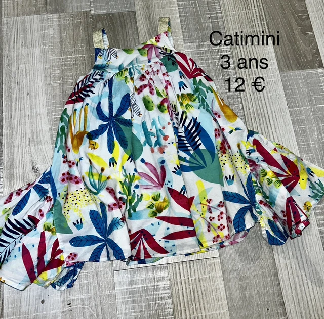 Robe Fille Catimini Taille 140 (10 Ans) - Coton Floral Blanc & Bleu - Doublée - Très Bon État