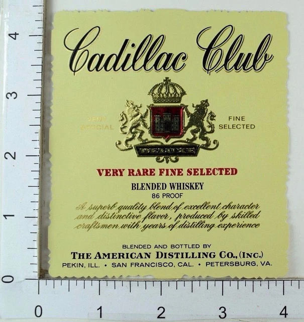1950's-60's Vintage Cadillac Club Rare Fine Selected Whiskey Label Bottle