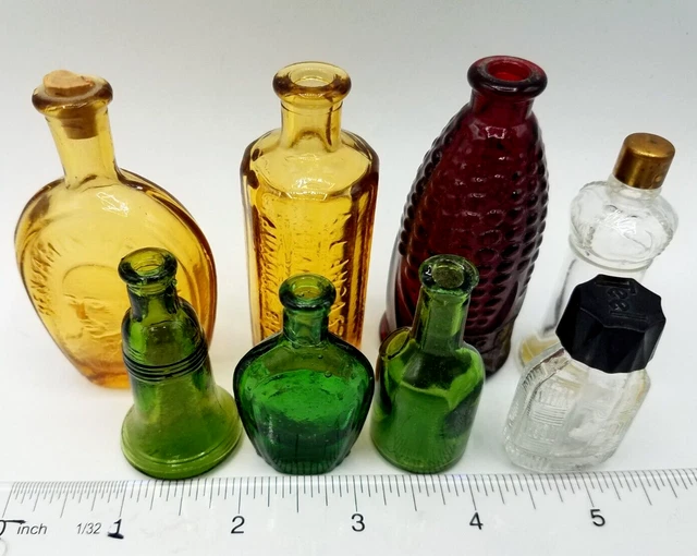 Vintage Lot of 8 Mini Miniature Wheaton Red, Green, Yellow, Clear, Glass Bottles Vintage Lot of 8 Mini Miniature Wheaton Red, Green, Yellow, Clear, Glass Bottles