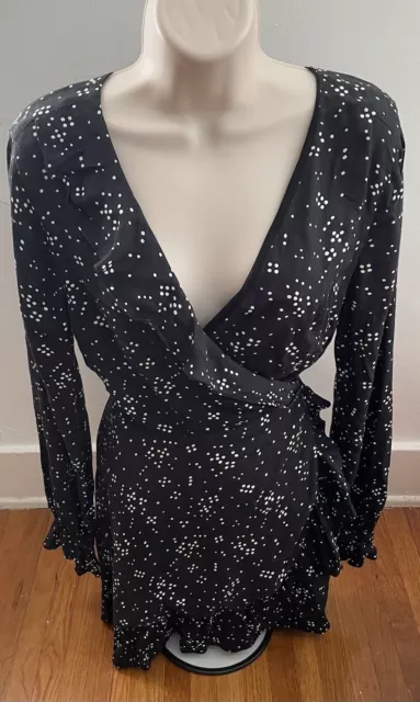 Privacy Please Women’s Black Polka Dot Wrap Mini Dress Size S Revolve Long Sleev