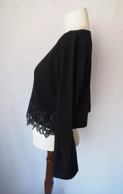 Elie Tahari 100% Merino Wool Cropped Sweater Floral Lace Flared Sleeve Black L 2