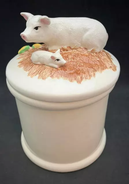 White Ceramic Canister with decorative lid (Cow & Pig)