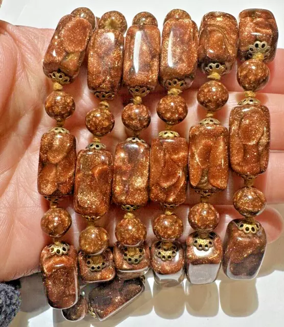 Vintage Flapper Murano Goldstone Feldspar Color Glass Bead Knotted Necklace DC1