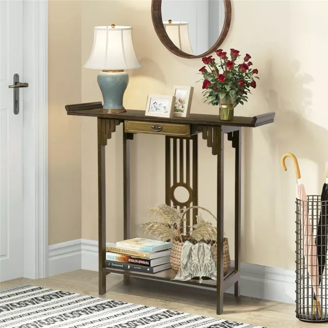 Rustic Console Sofa Table Narrow Console Table with Shelf Wood Entry Hall Table