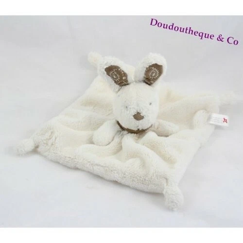 Doudou plat lapin NICOTOY blanc bandana oreilles marron 22 cm (CEMO/D5)