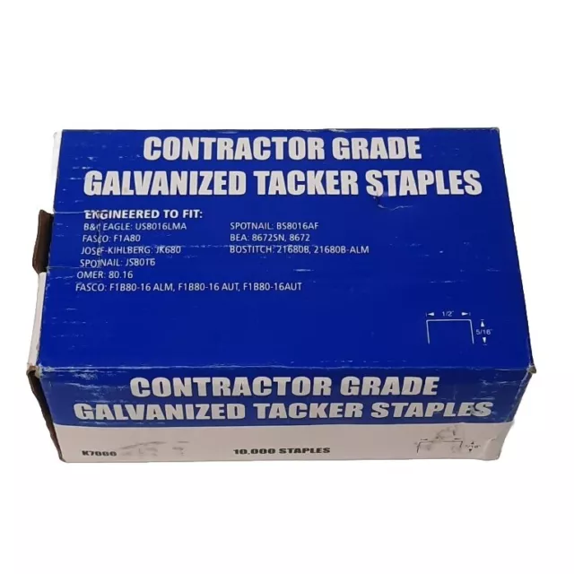 10,000 Pk Contractor Grade Galvanized Tacker Staples 1/2" x 5/16"  K7000 NEW