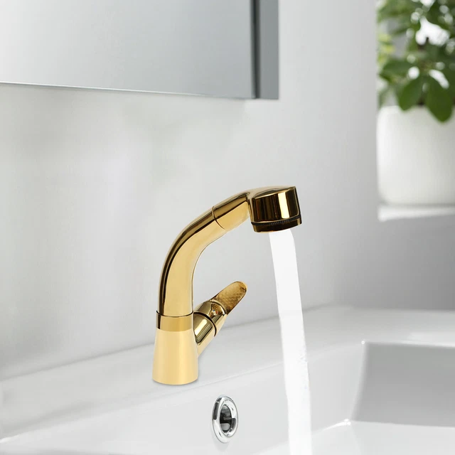 Waschtischarmatur Mit Ausziehbarer Brause – Mischbatterie In Gold Für Waschbecken (1,5 M Schlauch, Keramikventil)