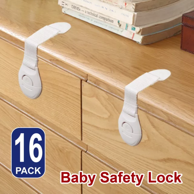 16X Child Adhesive Kid Baby Safety Drawer Door Lock Cupboard Cabinet Belt White 2