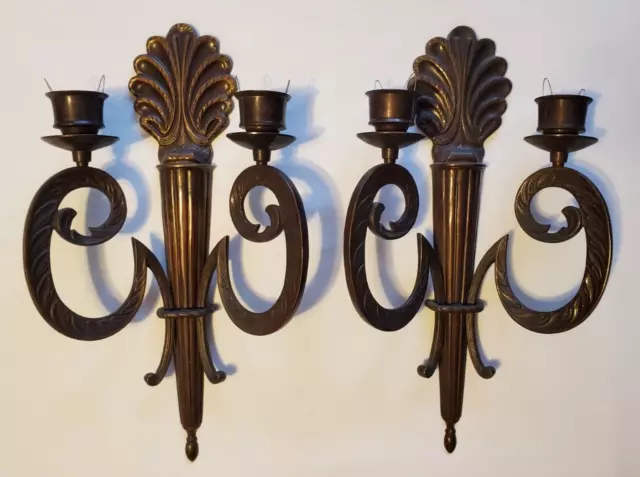 Pair Wall Sconces Candle Holders Solid Bronze (18.5" tall)