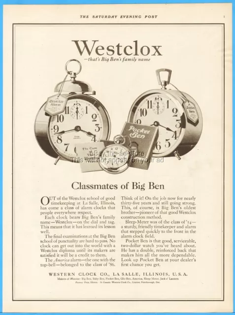 1921 Western Clock La Salle IL Westclox Pocket Ben Watch Alarm Classmates Ad