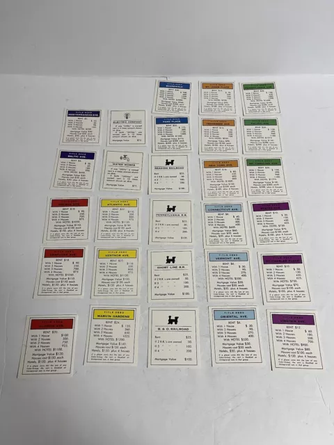 Monopoly 1985 Board Game Replacement Pieces: 28 Title Deed Cards Vintage