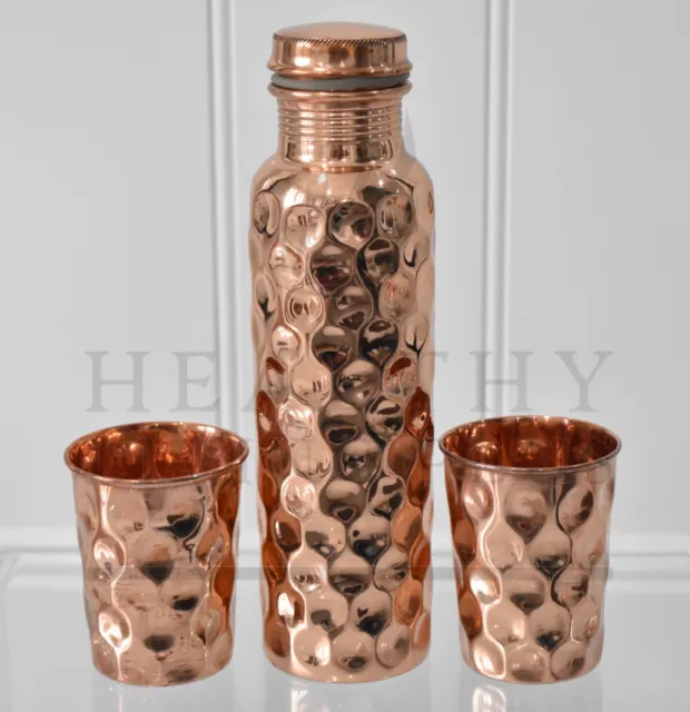 CLEARANCE / 950ml Pure Copper Drink Water Bottle + Glasses/Tumblers