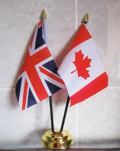 UNION JACK & CANADA TABLE FLAG SET 2 flags plus GOLDEN BASE CANADIAN