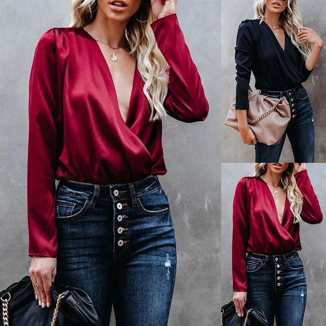 Camicia donna raso massiccio avvolgente collo a V manica lunga eleganti camicie