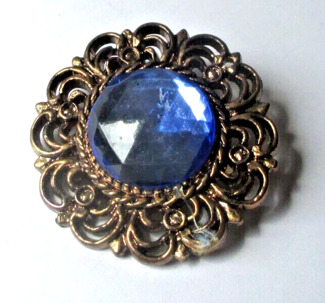 Broche Vintage Or Avec Cabochon Bleu - Bijou Ancien, état "dans Son Jus", Sans Marque