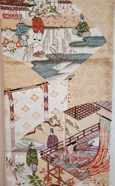 Japanese Kimono Fukuro Obi Vintage Gold Tale Of Genji Fans Purple Screen Rare!!!