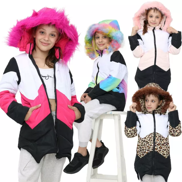 Kids Hooded Contrast Panel Puffer Coat Faux Fur Jacket New Fashion Girls 2-13yrs