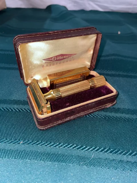 Vintage Gold Aristocrat Gillette New Razor with Case and gold blade holder 1940s