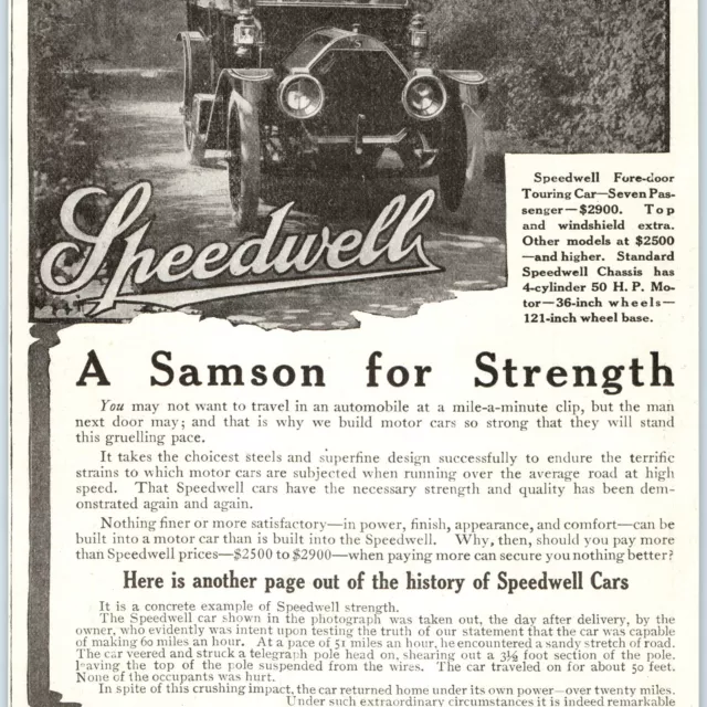 1911 Speedwell Motor Car Samson Fore-Door Touring Car Print Ad Auto People 1J