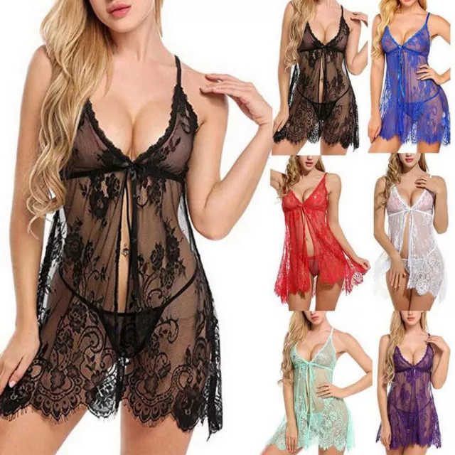 Damen Negligee Spitze Nachtkleid Nachthemd mit G-string Nachtwäsche Reizwäsche