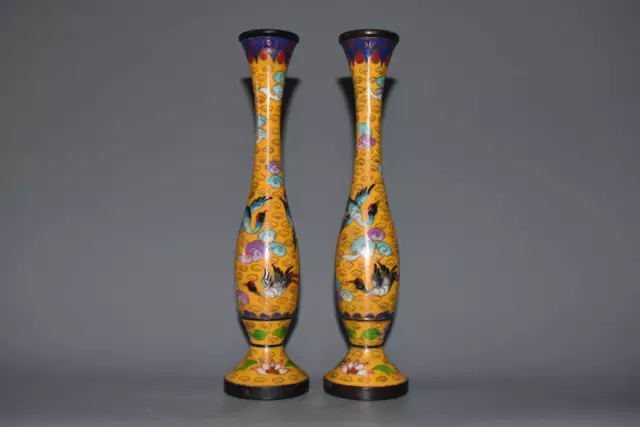 A Pair Chinese Copper Cloisonne Handmade Exquisite Crane Pattern Vases ag2606
