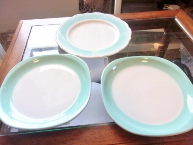 Syracuse China Restaurant Ware Mint Green Border 2 Salad Plates & 1 Dinner Plate
