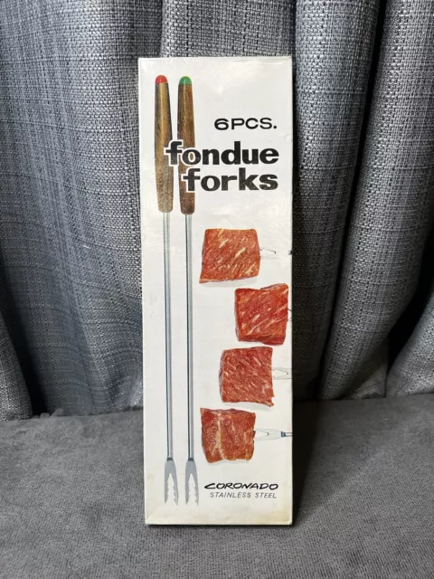 Tenedores de fondue vintage mangos de madera de teca color acero inoxidable Japón coronado