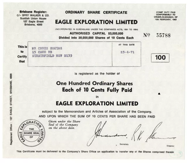 1971 100 EAGLE EXPLORATION LIMITED 10c FULLY PAID SHARES USED